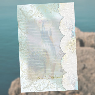 Woman Blue Dress Riding Bike Faux Lace Lined Stationery