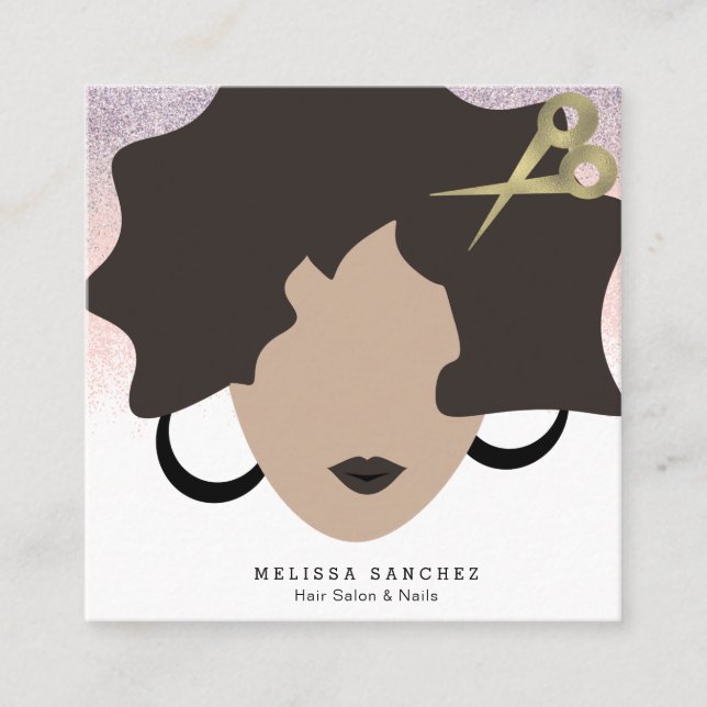 Woman Brown Hair Faux Gold Glitter Salon Beauty Square Business Card (Front)