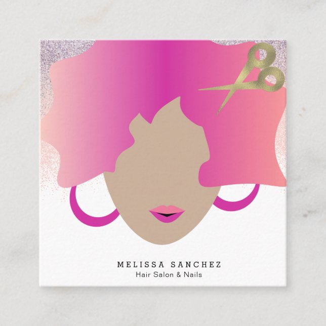 Woman Brown Hair Faux Gold Glitter Salon Beauty Square Business Card (Front)