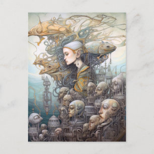 Woman & Building With Heads Surreal Art Postcard