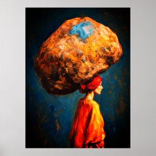 Woman Carrying Heavy Rock Burden Symbolism Impasto Poster