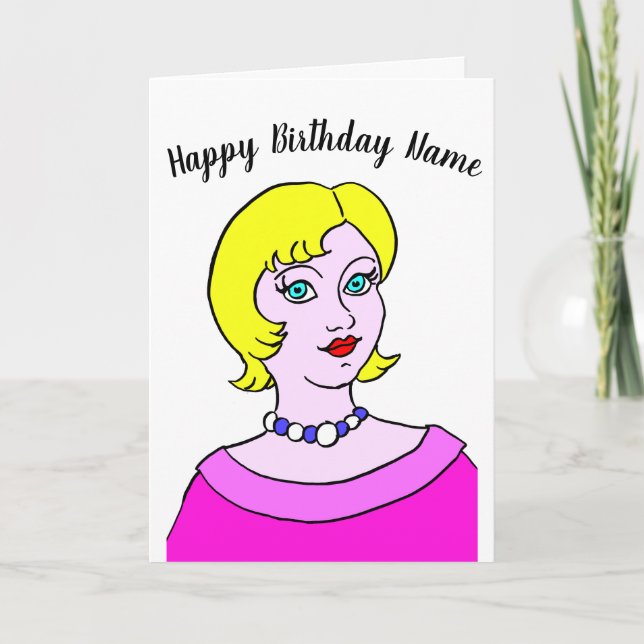 Woman Cartoon Pink Birthday Card (Front)