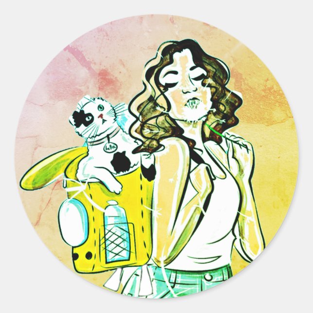 Woman, Cat, Animal Classic Round Sticker (Front)