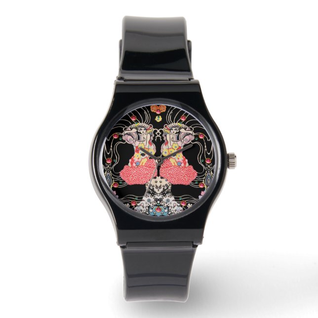 WOMAN,CENTAUR FLORAL Red Black White Klimt Pattern Watch (Front)