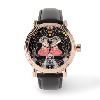 WOMAN,CENTAUR FLORAL Red Black White Klimt Pattern Watch