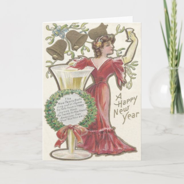 Woman Champagne Flute Bell Holly Wreath Mistletoe Holiday Card (Front)