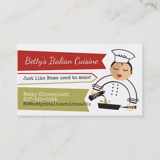 Woman chef olive oil skillet Italian catering Business Card (Front)