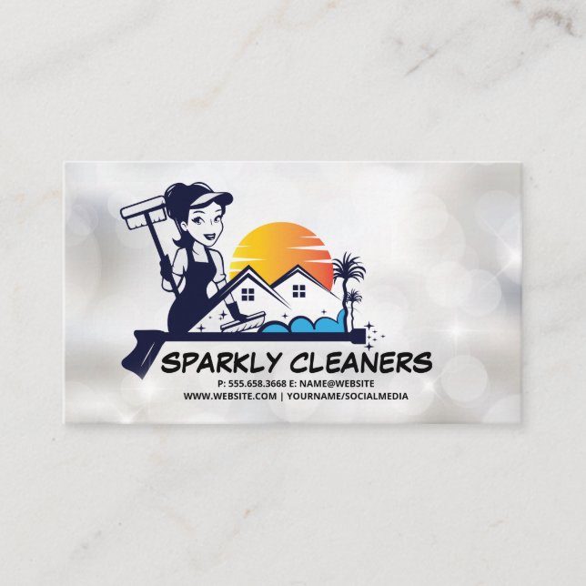 Woman Cleaner | House Maid Home Logo Business Card (Front)