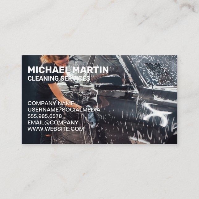 Woman Cleaning Car | Soap Suds Business Card (Front)