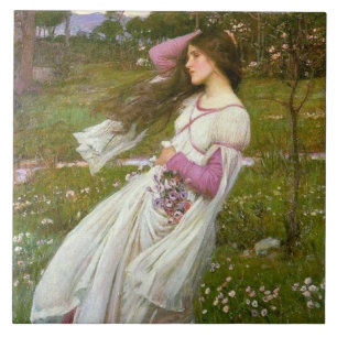Woman Collecting Flowers in the Wind Tile