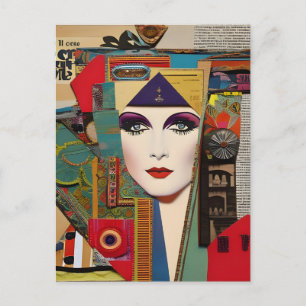 Woman Colourful Mixed Media Collage Abstract Postcard