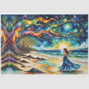 Woman, Colourful Tree of life on ocean beach Tissue Paper