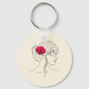 Woman Continuous Line with Red Rose On Hair Key Ring
