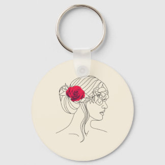 Woman Continuous Line with Red Rose On Hair  Key Ring