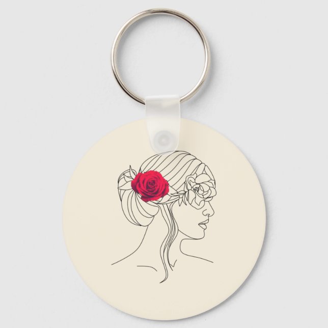 Woman Continuous Line with Red Rose On Hair  Key Ring (Front)