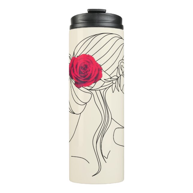 Woman Continuous Line with Red Rose On Hair  Thermal Tumbler (Front)