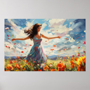 Woman Dancing Joyfully In A Field Of Wildflowers Poster