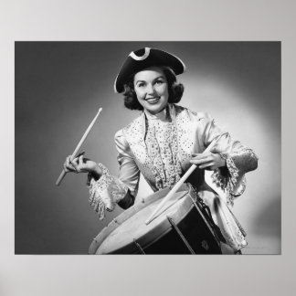 Woman dressed as drummer from American Poster