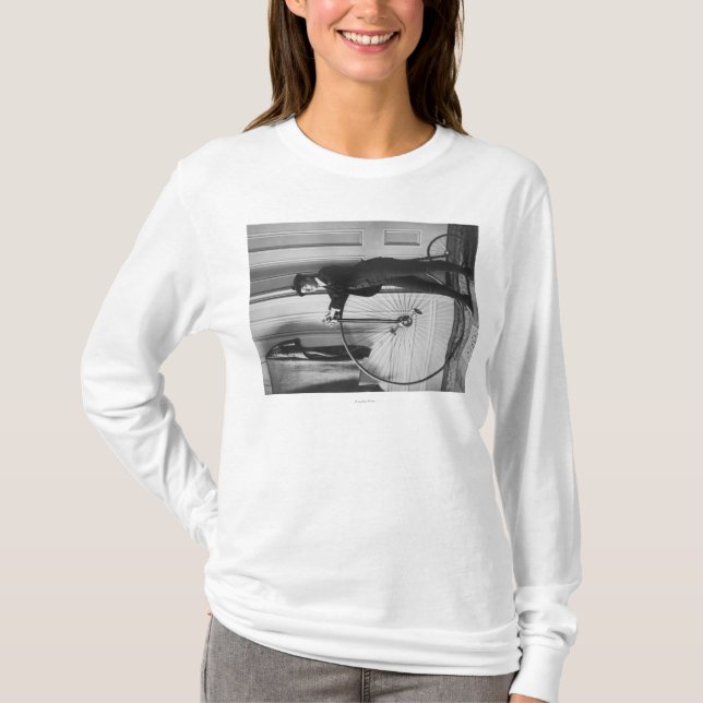 Woman Dressed as Man with Bicycle Photograph T-Shirt (Front)