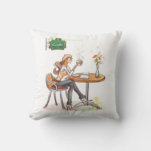 Woman Drinking Coffee at a Cute Cafe Cushion