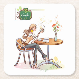 Woman Drinking Coffee at a Cute Cafe Square Paper Coaster