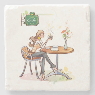 Woman Drinking Coffee at a Cute Cafe Stone Coaster