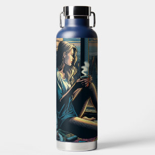 Woman Drinking Coffee at Sunrise in the City Water Bottle
