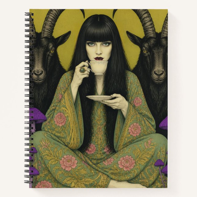Woman Drinks Tea With Two Black Goats Notebook (Front)