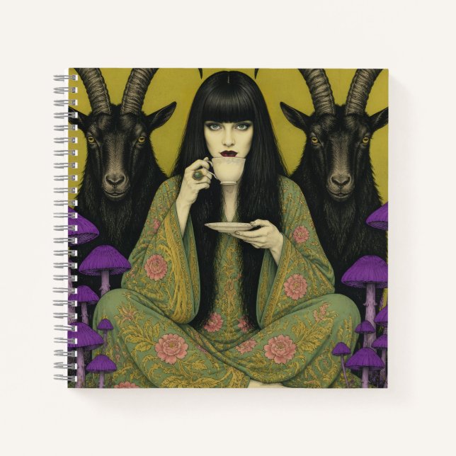Woman Drinks Tea With Two Black Goats Notebook (Front)