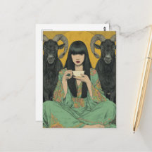 Woman Drinks Tea With Two Black Goats