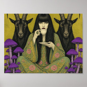 Woman Drinks Tea With Two Black Goats Poster