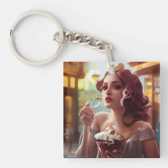 Woman Eating A Banana Split Key Ring (Front)