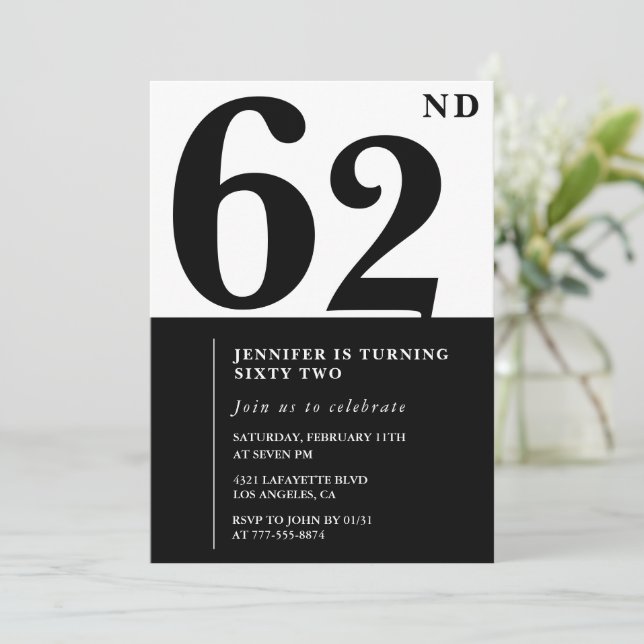 Woman Elegant 62nd birthday invitation Black  (Standing Front)