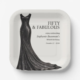 Woman Elegant Fabulous Black Dress 50th Birthday Paper Plate