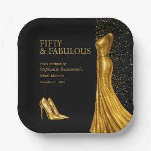 Woman Elegant Fabulous Golden Dress 50th Birthday Paper Plate