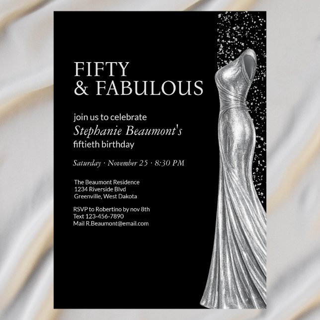 Woman Elegant Fabulous Silver Dress 50th Birthday Invitation (Creator Uploaded)