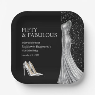 Woman Elegant Fabulous Silver Dress 50th Birthday Paper Plate
