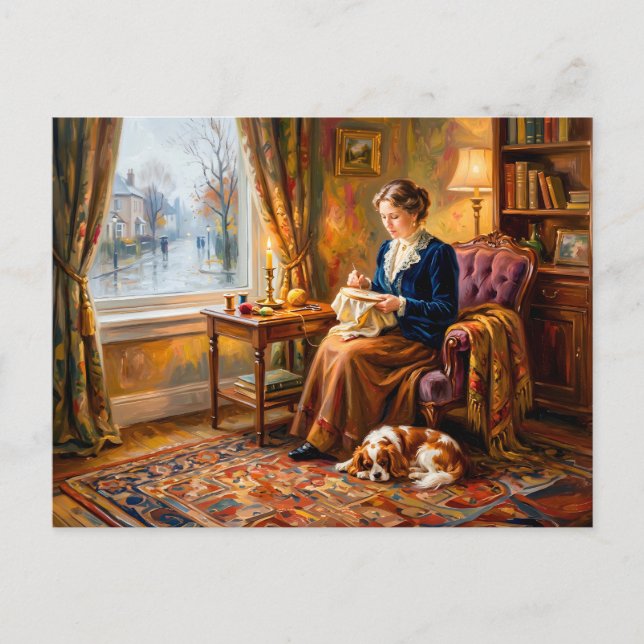 Woman Embroidering by Window with Cavalier Spaniel Postcard (Front)
