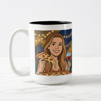 Woman enjoying wine and pizza outside Two-Tone coffee mug