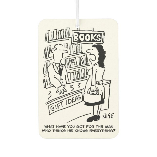 Woman enquires at a Bookshop Car Air Freshener (Front)