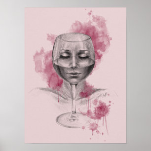 Woman face in wine glass surreal drawing art poster