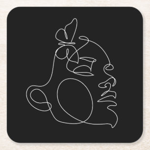 Woman Face Line Art Square Paper Coaster