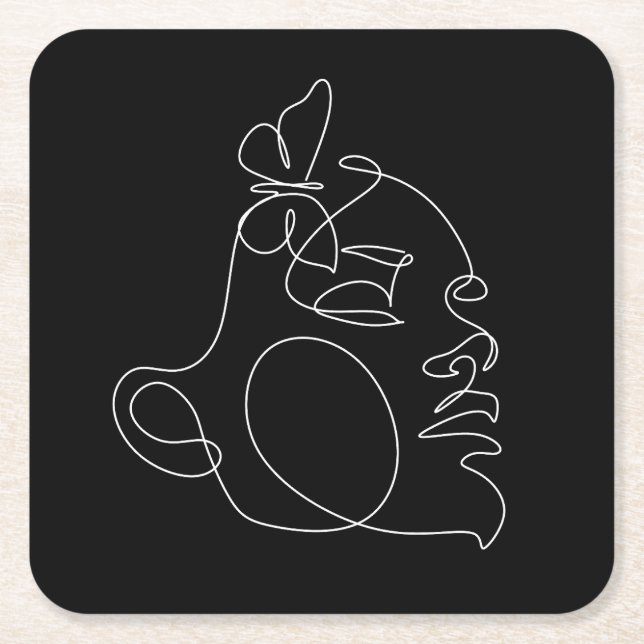 Woman Face Line Art Square Paper Coaster (Front)