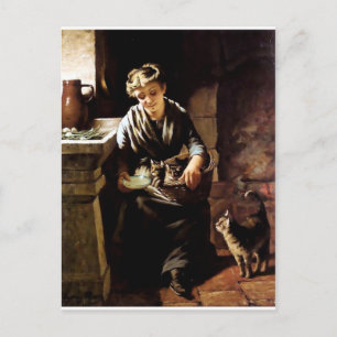 Woman feeding cats antique  painting postcard
