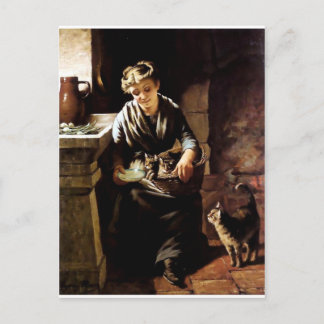 Woman feeding cats antique painting postcard
