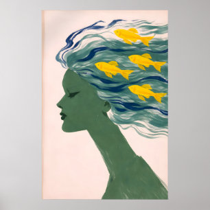 Woman Fish Hair Poster, Surreal Ocean Portrait Poster