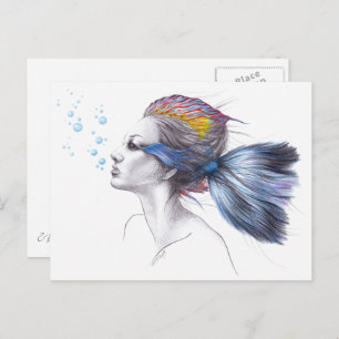 Woman fish Mermaid portrait Surreal drawing art Postcard