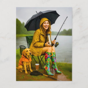 Woman Fishing in Raincoat and Stylish Boots Holiday Postcard