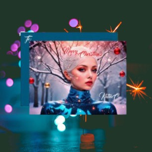 Woman Flashy Christmas Modern  Surrounding Foil Holiday Postcard