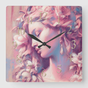 Woman Flowers Pink Blue Hard Pastel Drawing Square Wall Clock